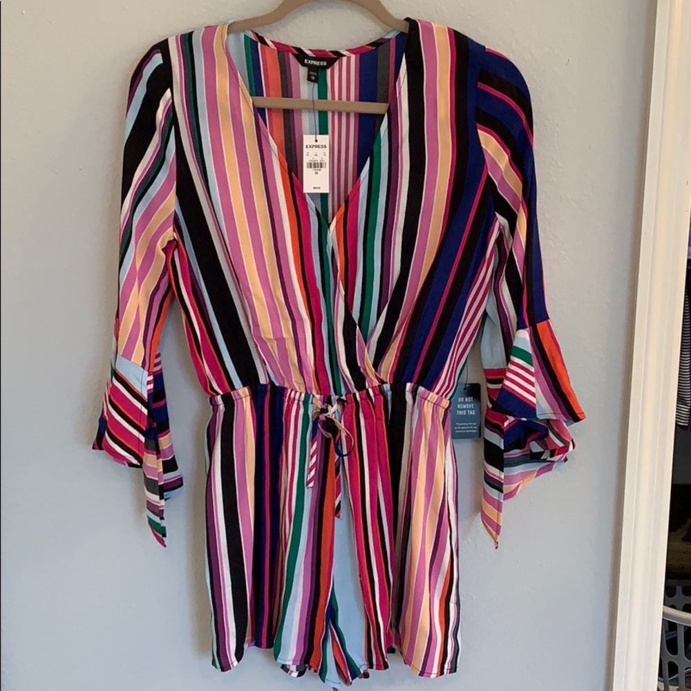 Express | Striped Surplice Bell Sleeve Romper NWT - Picture 3 of 8